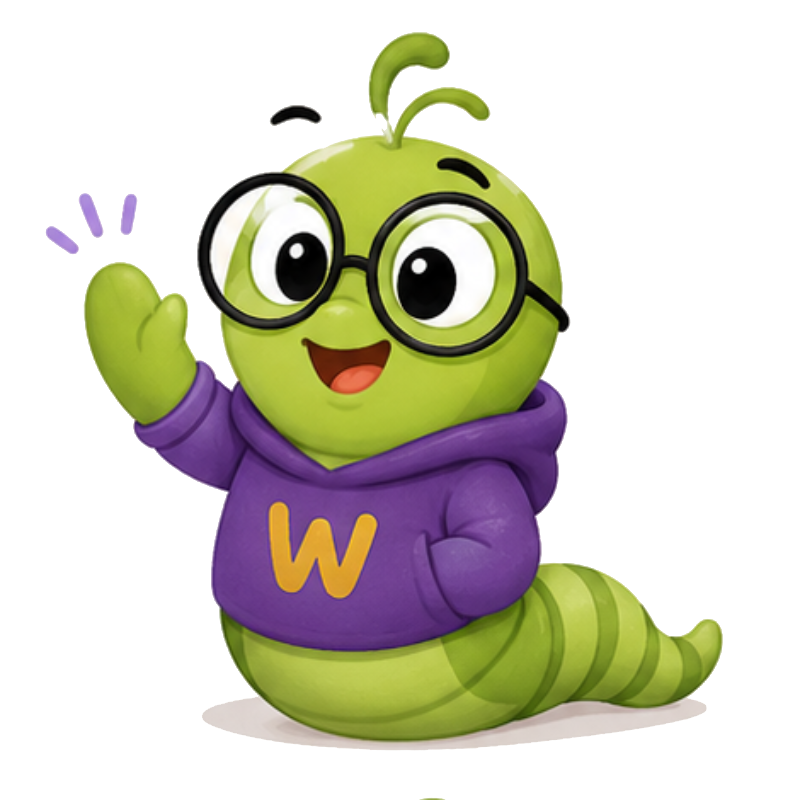 Wurm, een vrolijke boekenwurm die zwaait